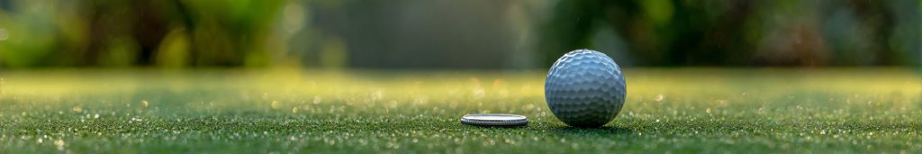 golf ball near a golf ball marker on the greens