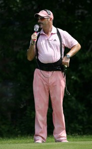 CBS Sports golf analyst David Feherty wears a pink outfit in support of Amy Mickelson and breast cancer research during the third round of the 2009 Crowne Plaza Invitational. Image: Hunter Martin