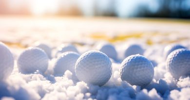 golf winter training feature image - golf balls on the golf course in the winter in snow