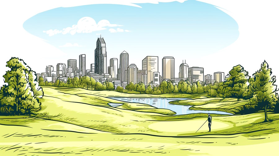 Best Places To Live if you are a golfer - image of a golf course with a city skyline in the background - line art