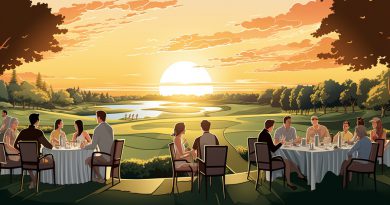 golf and dining - line art of golfers enjoying a meal on the golf course