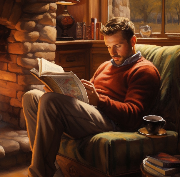 golf book - golfer reading a golf book near the fireplace in winter