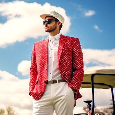 How Golf Influences Business: The Role of Golf in Corporate Networking - golfer next to a golf cart in a red dress coat and white hat, wearing sunglasses