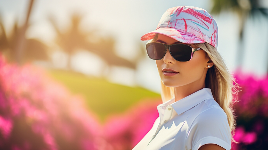 Women golfer in golf apparel posing like an Instagram model