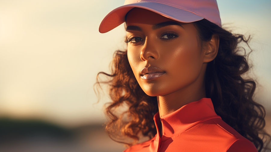 American woman on the golf course modeling golf apparel