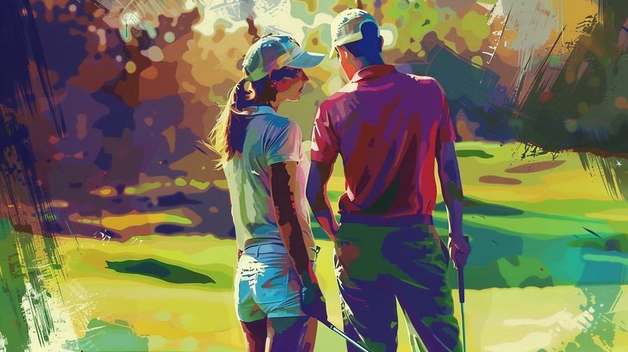 couples golfing - modern art style image
