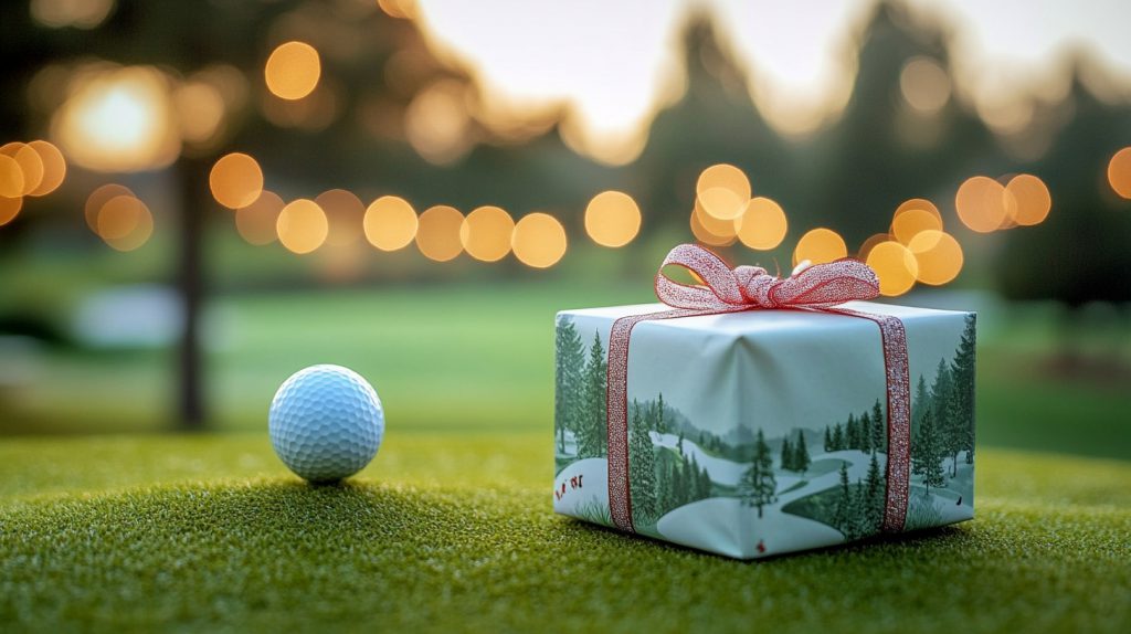 golf gifts at christmas blog post feature image - wrapped gift and golf ball