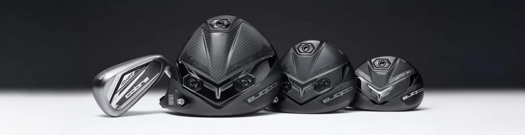 Cobra Darkspeed ADAPT series golf clubs lineup image. Driver, irons, hybrid, and fairway wood