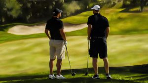 golf business networking - two golfers discussing business while playing golf - oil painting style