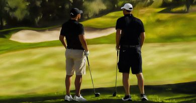 golf business networking - two golfers discussing business while playing golf - oil painting style