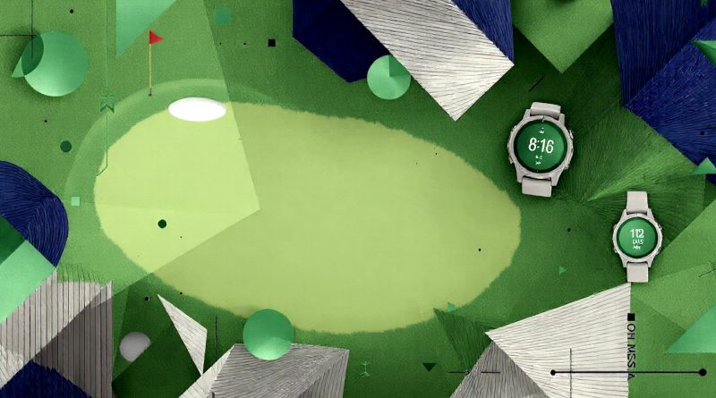 Golf GPS Watches - abstract drawing of golf course and two watches - green and blue