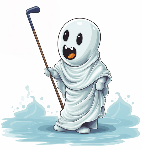 haunted golf course - cartoon ghost playing golf with a putter