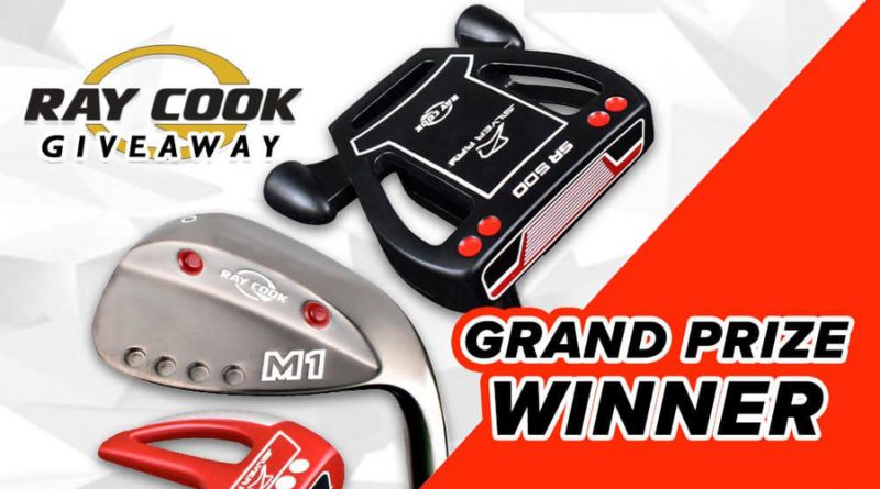 Promotional image of Ray Cook golf equipment with text for Rock Bottom Golf's giveaway, inviting participants to win premium golf gear.