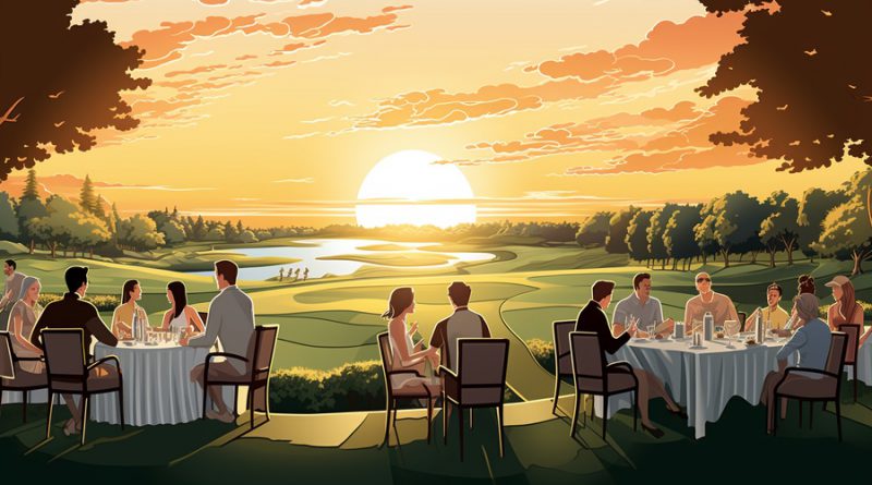golf and dining - line art of golfers enjoying a meal on the golf course