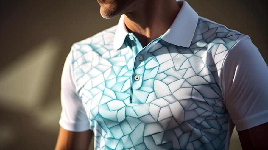 golf shirt being modeled by a male golfer on the golf course - green and white golf shirt