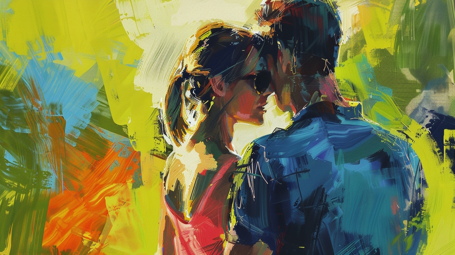 couples golfing - modern art style image - close together