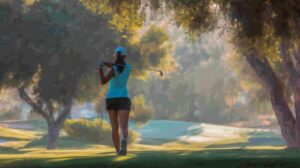 best women's irons for slower swing speeds feature image - back view of a woman golfer, gently hitting an iron on a picturesque golf course