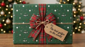 golf gift wrapped in golf themed wrapping paper image