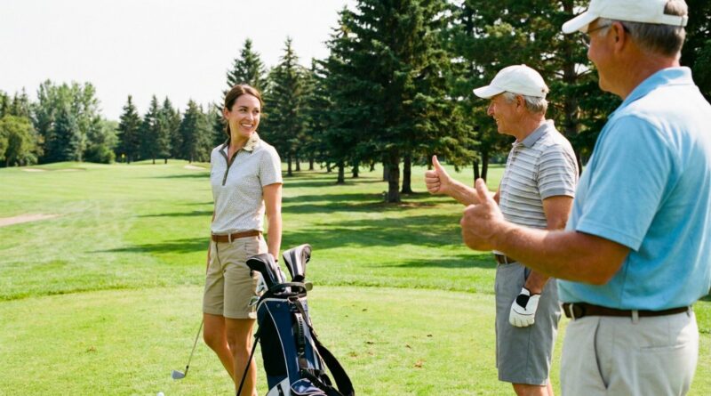 beginner golfer getting thumbs up from two older golfers on the golf course