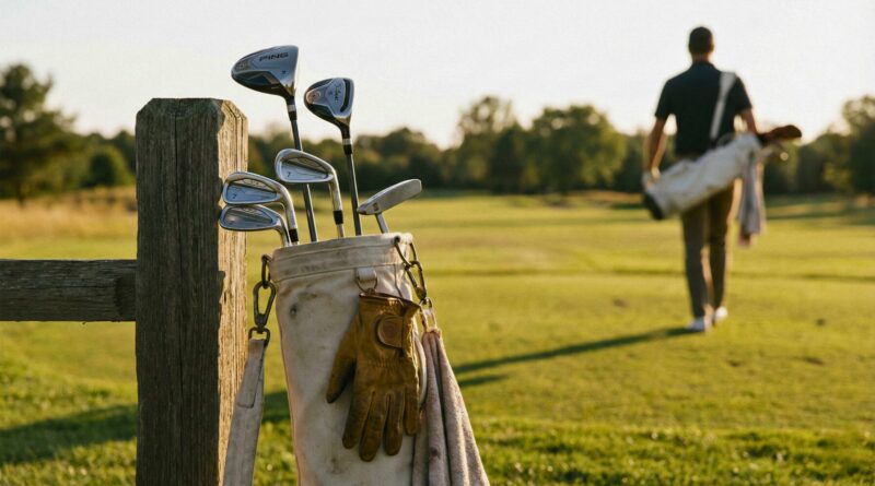 golfer walking away using a sunday bag on a golf course