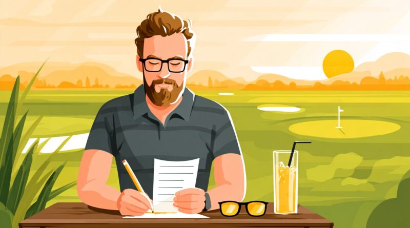 drawing image of a golfer going over their scorecard at the clubhouse 19th hole