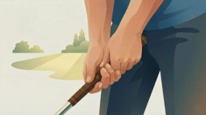 A close-up illustration of a golfer holding a club with both hands in a neutral grip, standing on a sunny course.