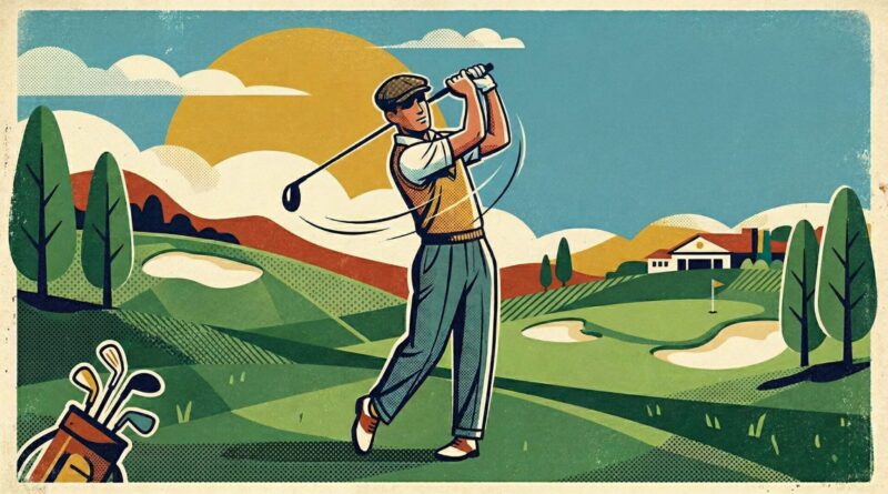 feature image of a golfer on the golf course in a 1950s marketing style image - for golf terms for beginners blog post