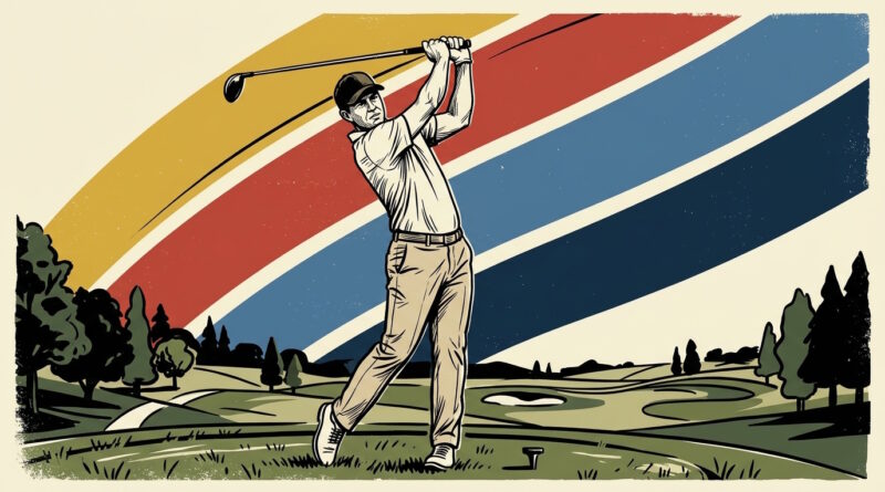 male golfer on a golf course mid swing - stylized drawing