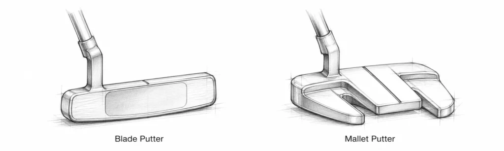 blade and mallet putter head image - designer rough sketch drawing diagram