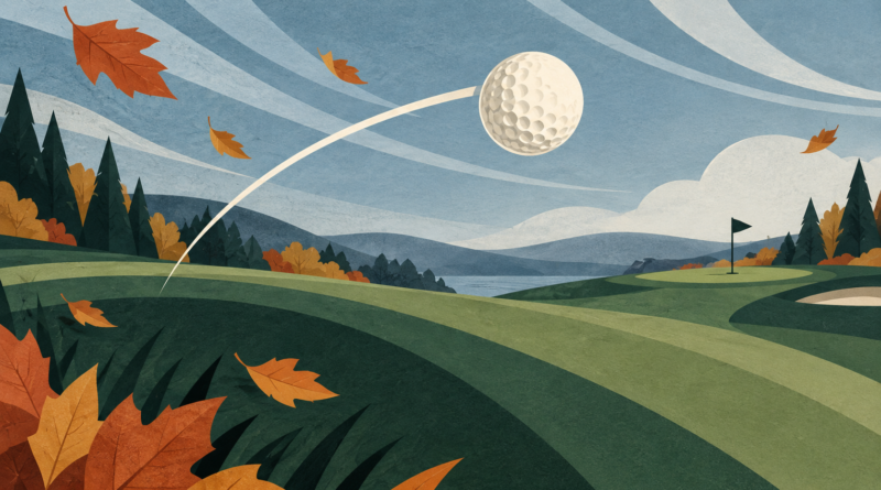 golf ball in flight on a course in fall with leaves - abstract drawing