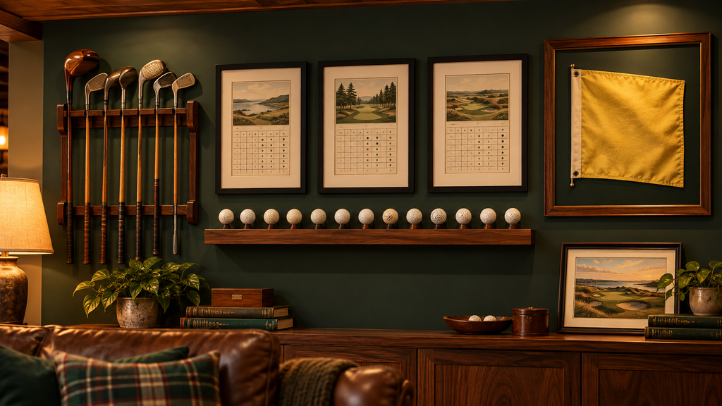 Golf man cave wall with vintage clubs on a wooden rack, framed scorecards, a framed pin flag, and a shelf of golf balls