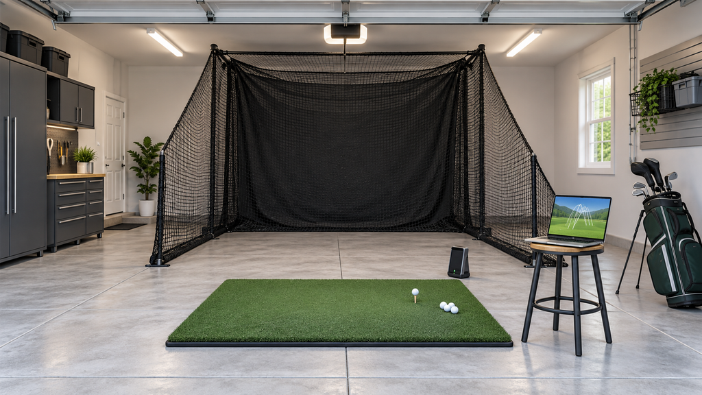 Budget garage golf setup with a hitting net, turf mat, launch monitor, and laptop showing shot tracers