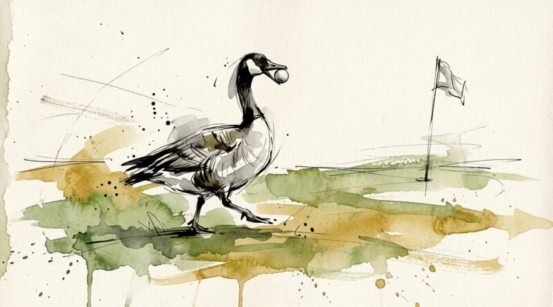 A goose carrying a golf ball on a golf course